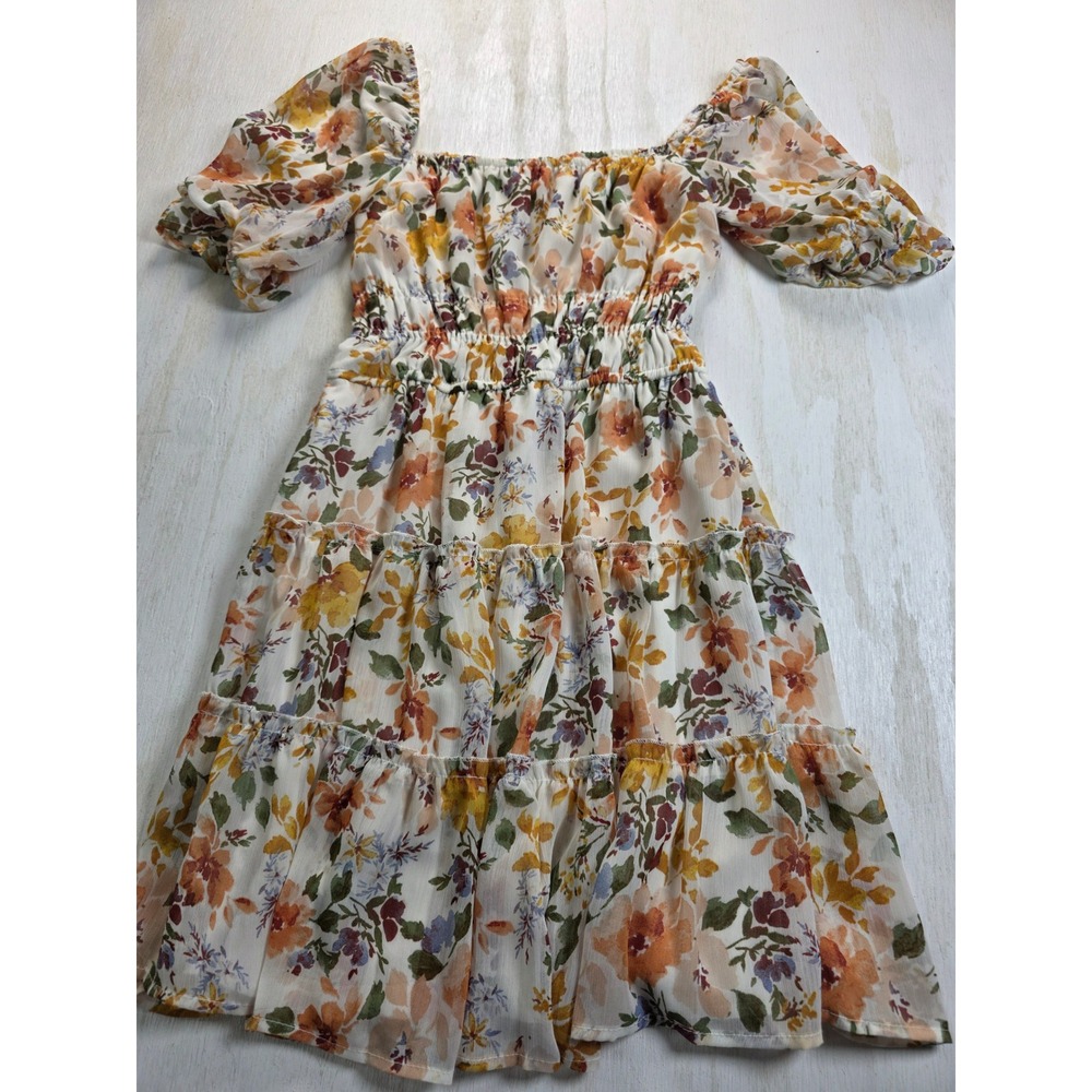 Trixxi Floral Mini Dress XS Smocked Puff Sleeve Boho Cottagecore Tiered Chiffon